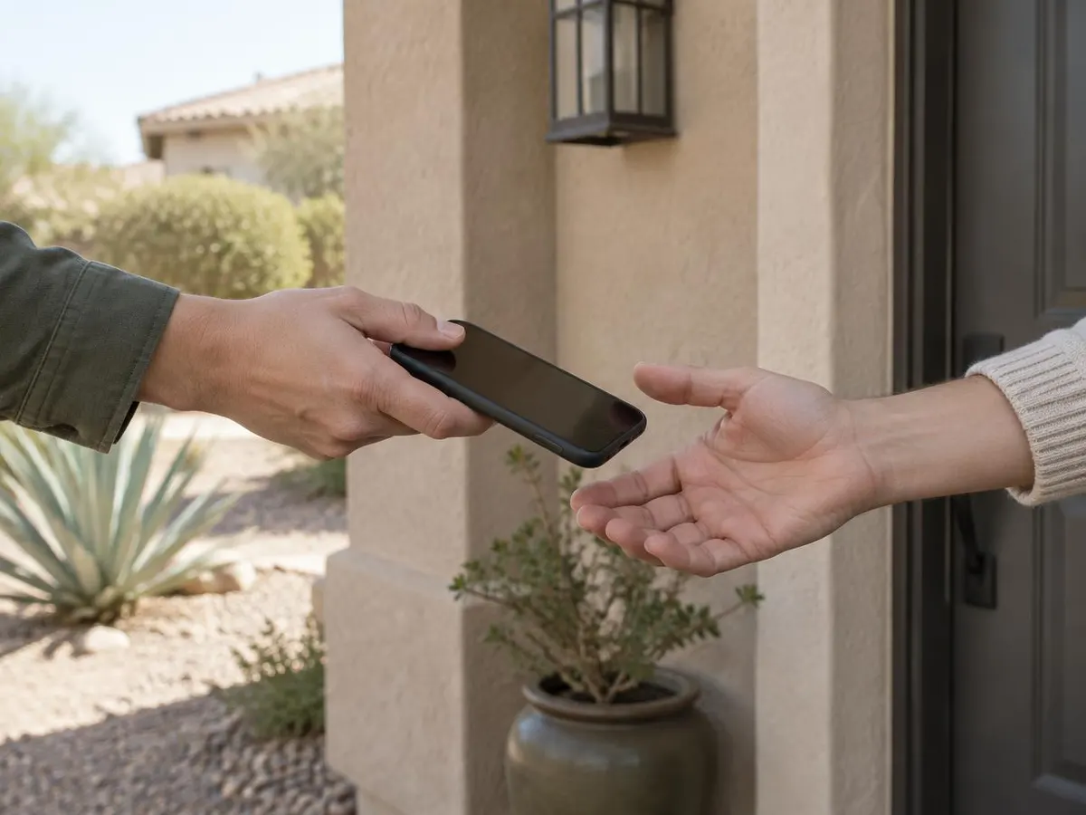 A phone handed over at a front door