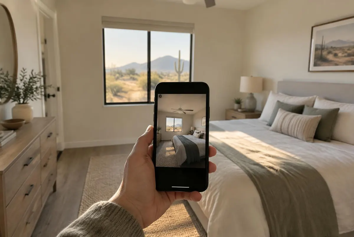A phone photographing a rental bedroom