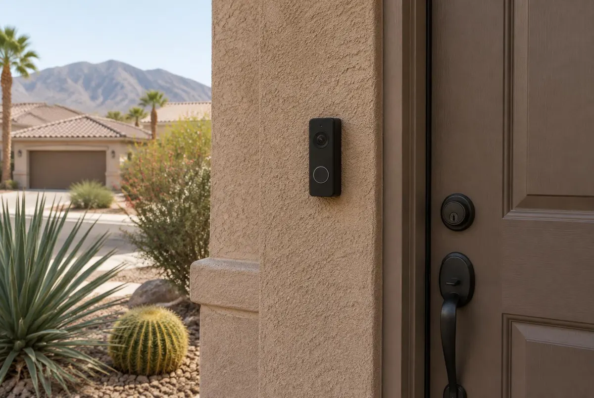 A video doorbell on a stucco entry